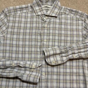 Suitsupply Shirt Mens Medium Gray Linen Cotton Plaid Button Up Long Sleeve Italy